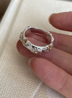 法式ins复古小众设计捶打纹金银双色戒指简约百搭叠戴食指戒