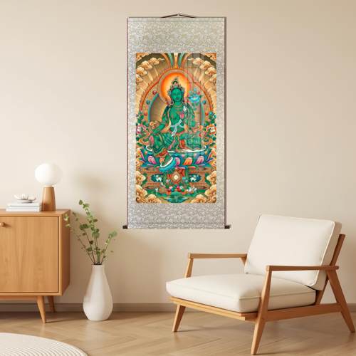 绿度母唐卡画像藏传丝绸卷轴挂画家用供奉佛堂客厅玄关墙面装饰画 - 图1