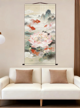 年画娃娃送子图宝宝客厅卧室装饰墙画龙凤胎求子金童玉女卷轴挂画