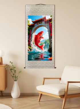 现代鱼跃龙门字画挂画步步高升飞黄腾达书房办公室入户玄关卷轴画