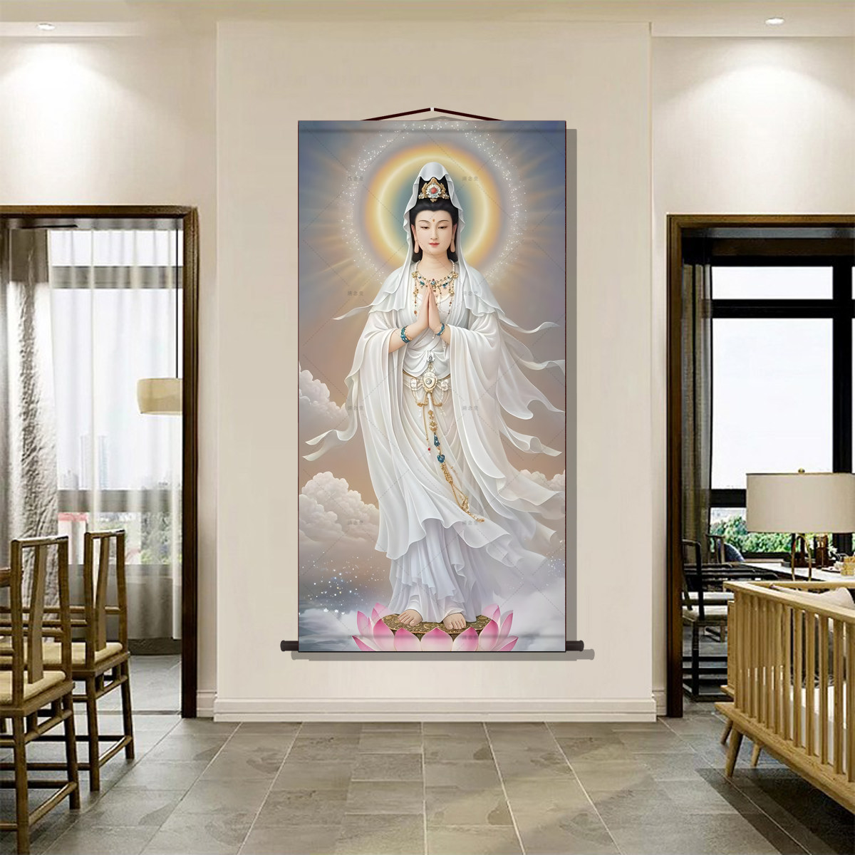 观音菩萨画像书房玄关画客厅装饰字画走廊沙发背景墙丝绸卷轴挂画,淘宝优惠券,粉丝福利购,淘宝优惠卷