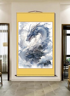 苍龙出海青龙画像丝绸挂画客厅装饰画招财玄关卷轴画壁画高清打印