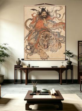 钟馗伏虎卷轴挂画中式玄关客厅书房钟馗骑虎图民俗供奉装饰丝绸画