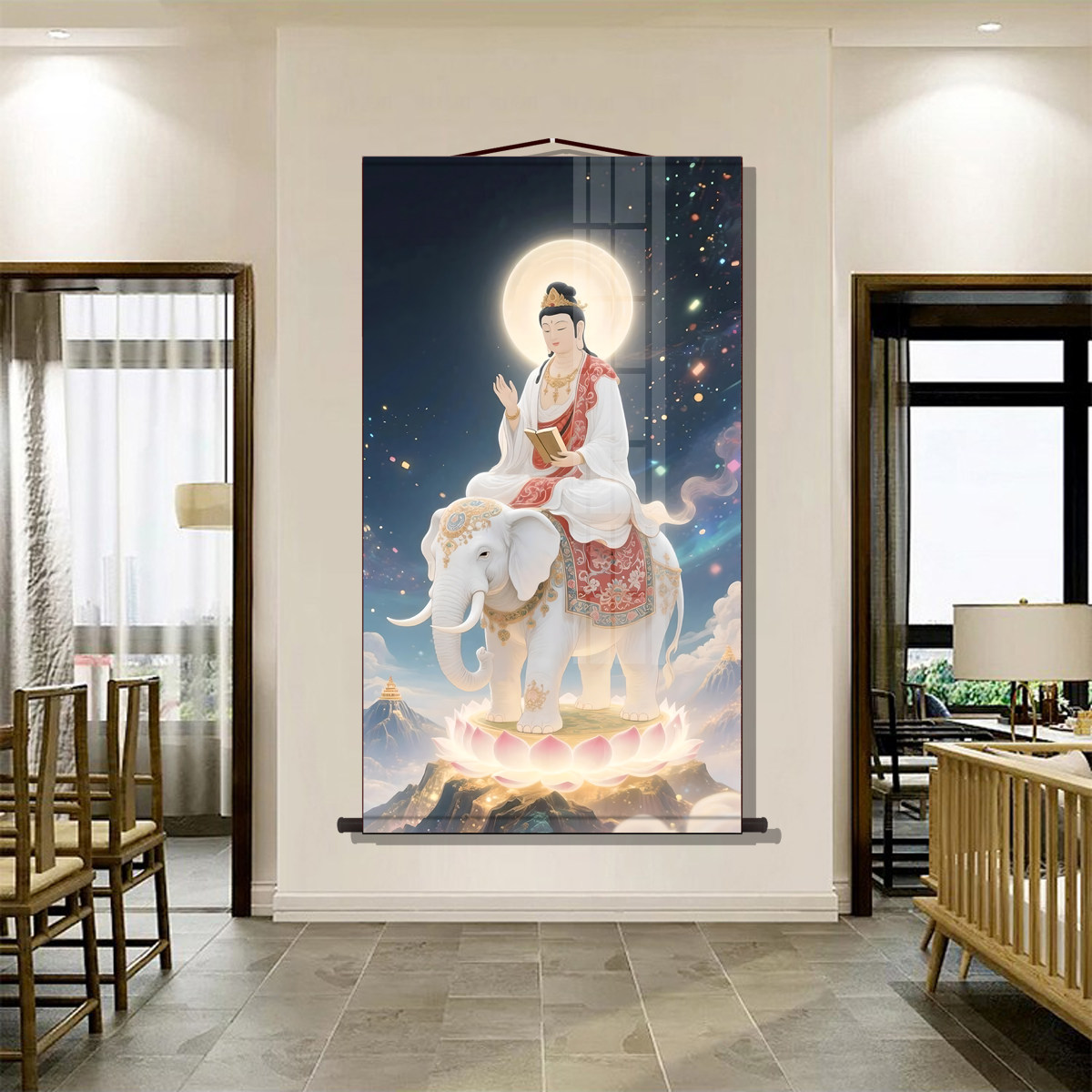 普贤菩萨画像客厅书房玄关挂画墙壁装饰画走廊沙发背景墙卷轴挂画,淘宝优惠券,粉丝福利购,淘宝优惠卷