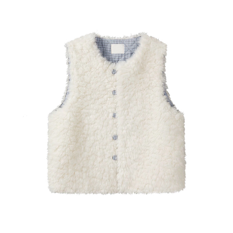 珍珠白拼色蓝格子羊羔毛绒马甲背心外套秋冬季保暖宽松无袖马夹女,淘宝优惠券,粉丝福利购,淘宝优惠卷