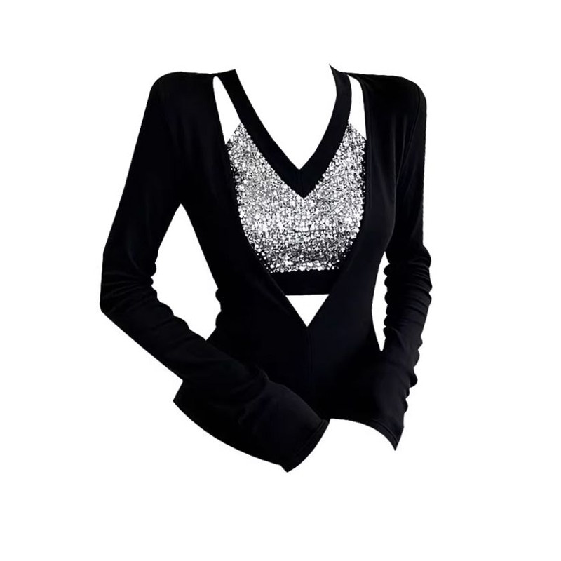 秋冬甜辣妹镂空正肩亮片v领打底衫女内搭修身显瘦长袖t恤绝美上衣,淘宝优惠券,粉丝福利购,淘宝优惠卷