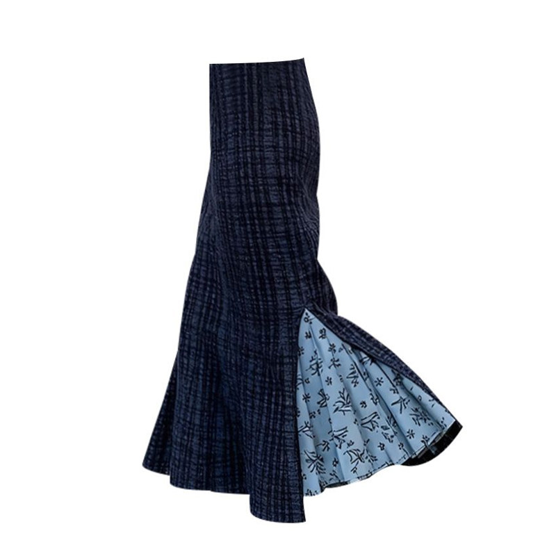 冬天配大衣的裙子重要场合漂亮高腰气质蓝色印花拼接鱼尾半身裙女,淘宝优惠券,粉丝福利购,淘宝优惠卷