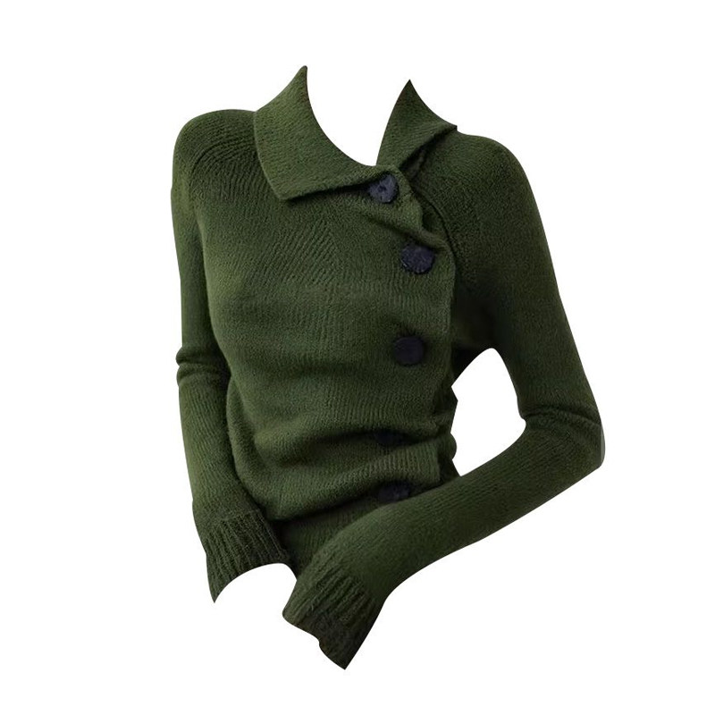 秋冬复古风斜扣翻领针织衫女2025秋新款绿色修身显瘦长袖内搭毛衣,淘宝优惠券,粉丝福利购,淘宝优惠卷