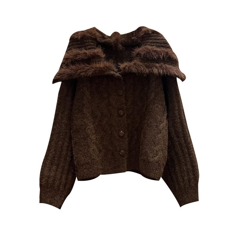 美拉德复古毛领毛衣外套女冬季加厚秋冬新款显瘦针织开衫保暖上衣,淘宝优惠券,粉丝福利购,淘宝优惠卷