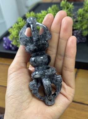天然黑发晶水晶原矿镂空五股金刚杵手持或摆件纯手工雕刻的