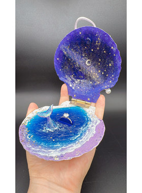 白色大扇贝系列-美人鱼星河 艺术钻戒盒 海边求婚戒指盒手工绘画
