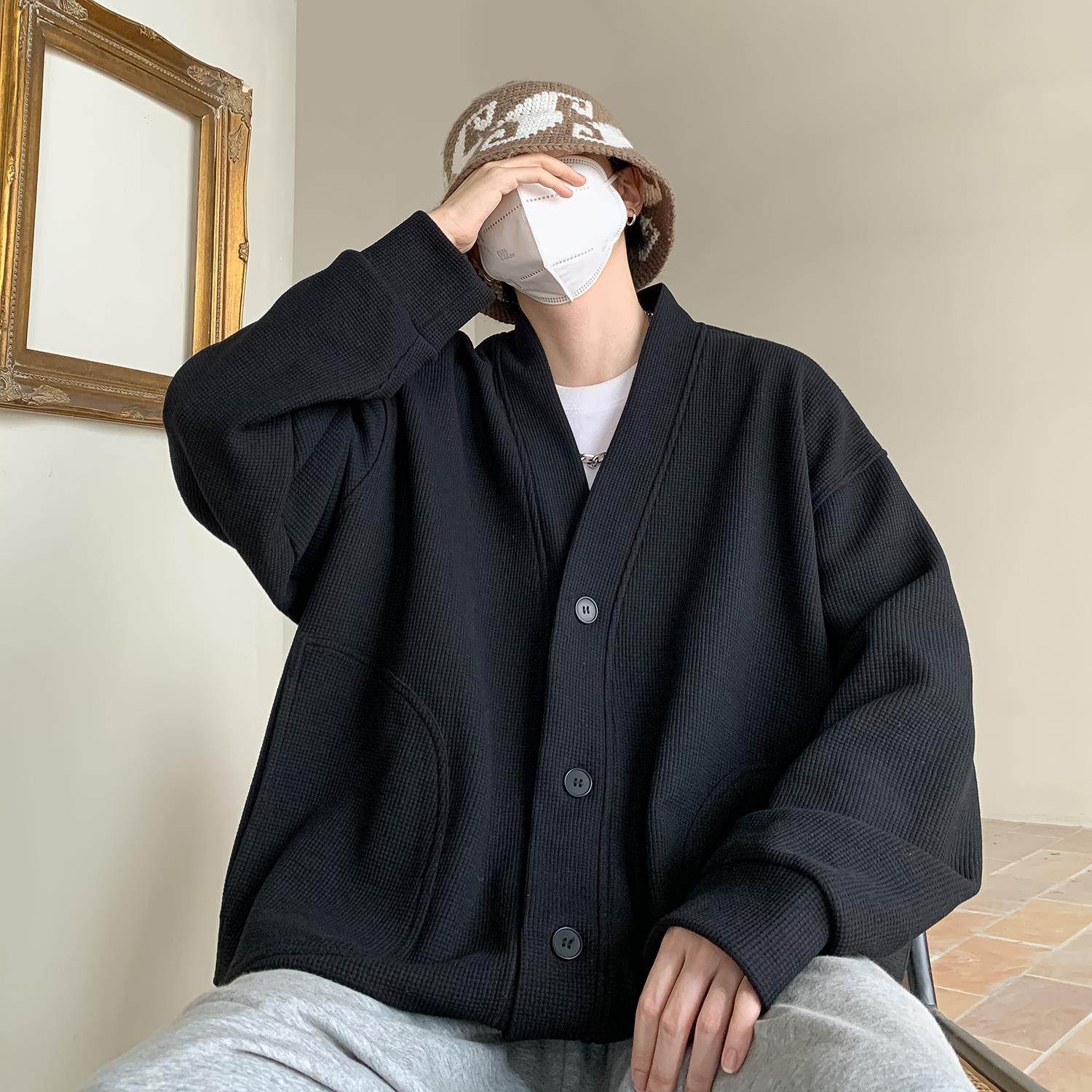 纯黑色日系慵懒风外套男潮高级感华夫格V领针织开衫情侣春秋夹克,淘宝优惠券,粉丝福利购,淘宝优惠卷