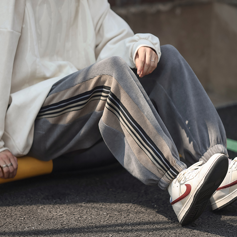 灯芯绒裤子男秋冬款加绒加厚高街潮牌美式卫裤九分束脚抽绳运动裤