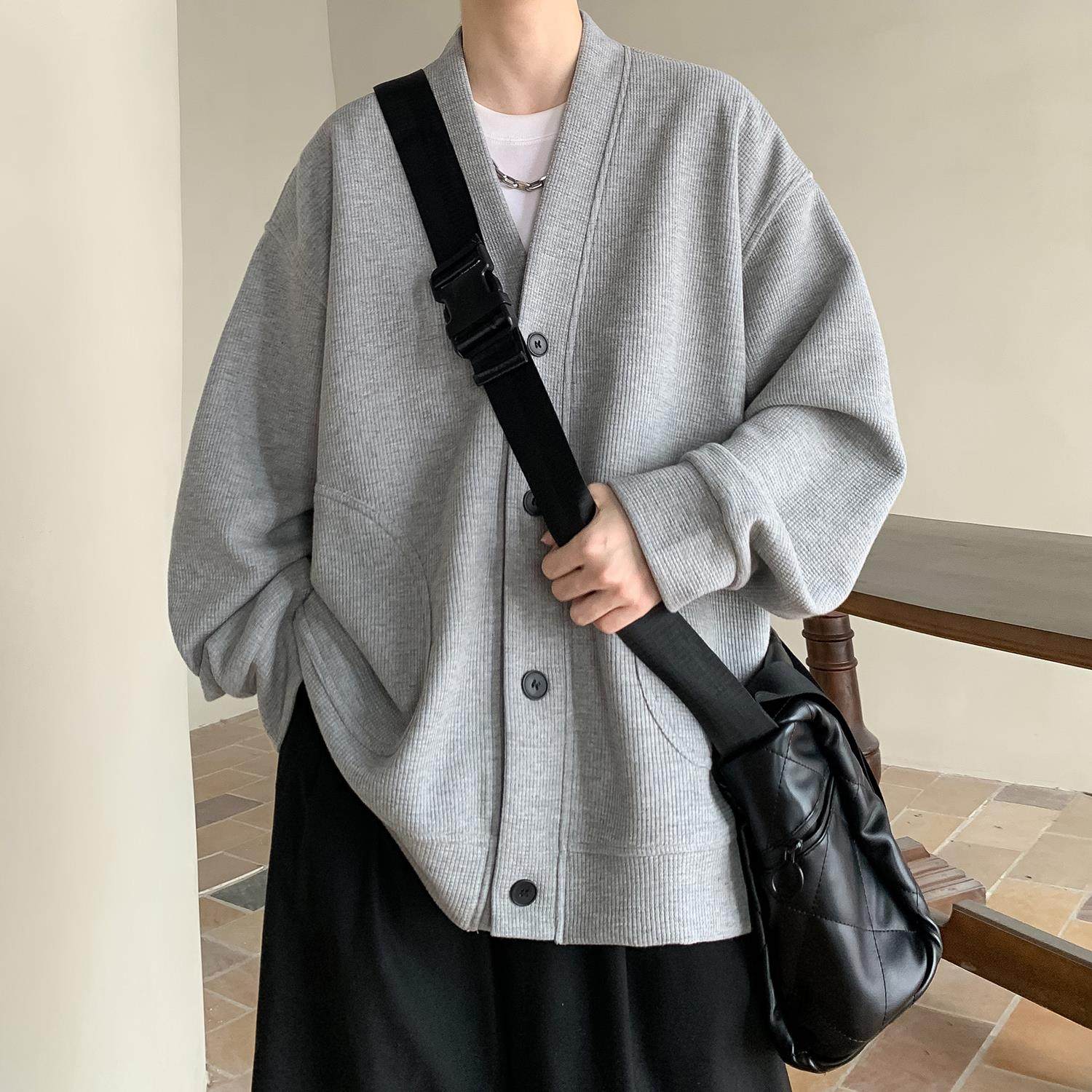 纯黑色日系慵懒风外套男潮高级感华夫格V领针织开衫情侣春秋夹克,淘宝优惠券,粉丝福利购,淘宝优惠卷