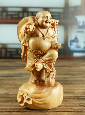 黄杨木雕家居工艺品手把件人物佛像摆件木质雕刻铜钱弥勒