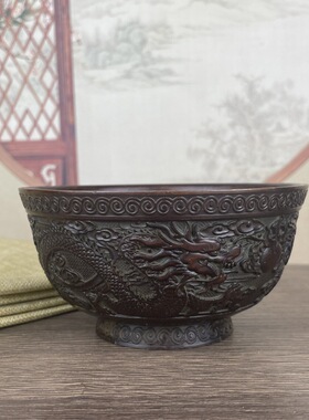款式全仿古合金金钱元宝碗家居饰品玄关摆件仿古双龙碗