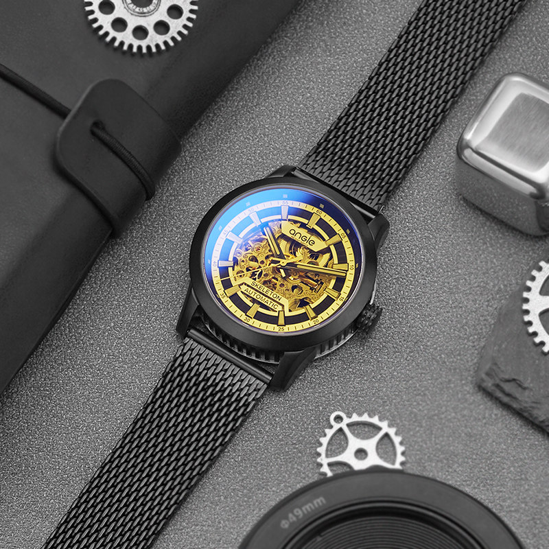 angie男士男学生潮流防水黑机械表 angie亨积手表国产腕表