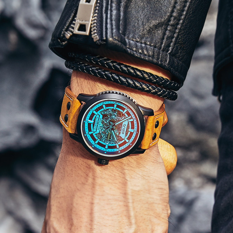 angie男士男学生潮流防水黑机械表 angie亨积手表国产腕表