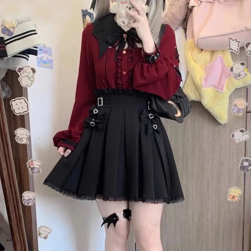 Gothic Lolita Shirt Women Harajuku Bat Lace Collar Black Red - 图1