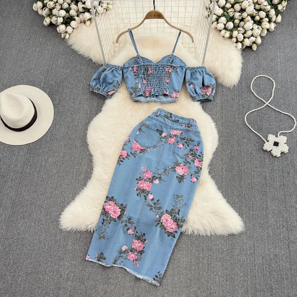 2023 Summer Denim Skirt Suit Female Hot Girls Off Shoulder S-图2