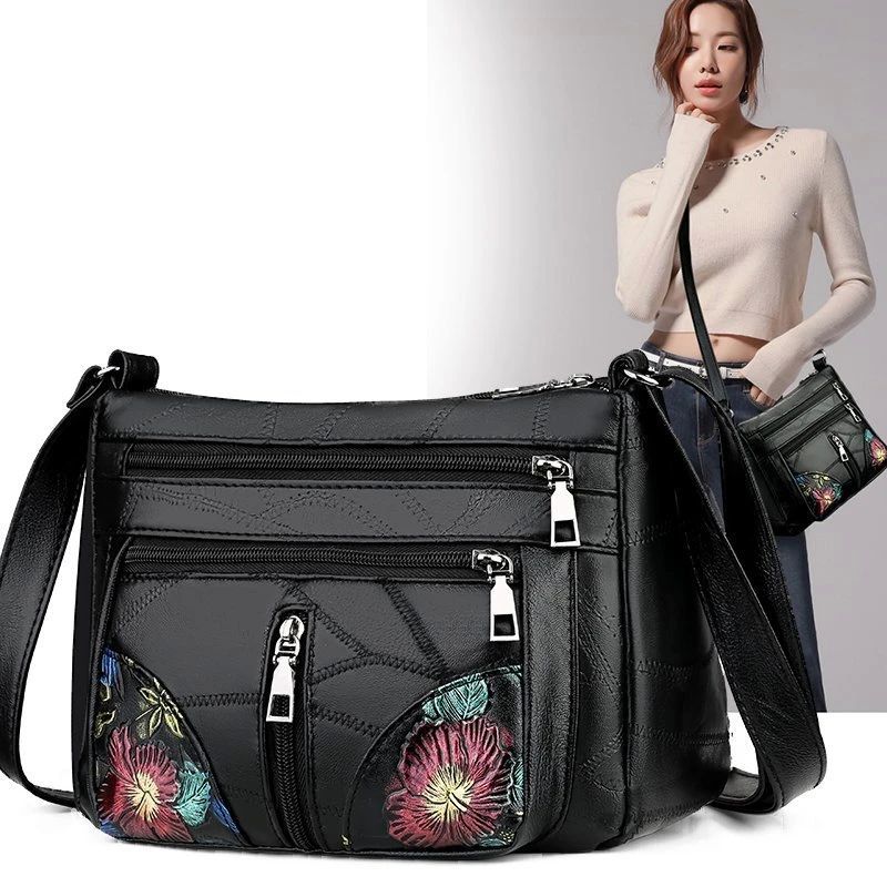 Soft Leather Women Messenger Shoulder Handbags Purses Flower-图0