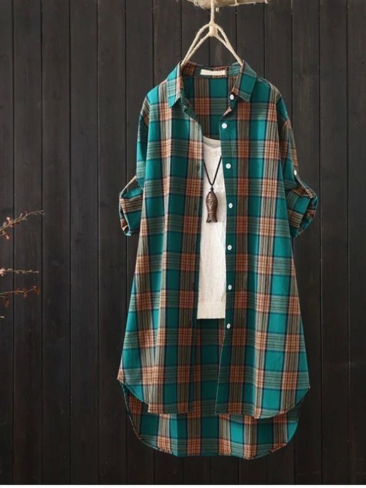 Plus Size Korean Style Plaid Blouses Medium Long Casual Styl - 图1