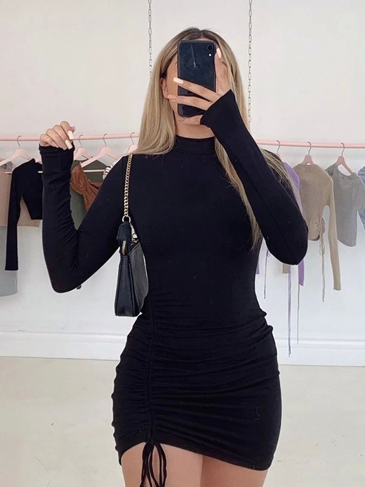 Long Sleeve Ruched Bodycon Dress Women Turtleneck Bandage Mi - 图1