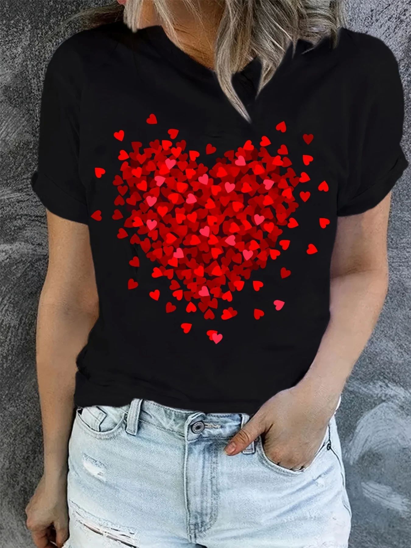 Heart Print T-Shirt For Valentine's Day Gifts, Crew Neck Sho - 图0