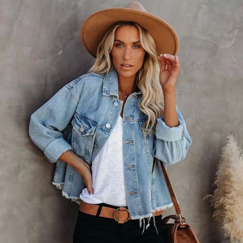 Spring Autumn Loose Street Hipster Women Denim Jacket Burrs - 图1