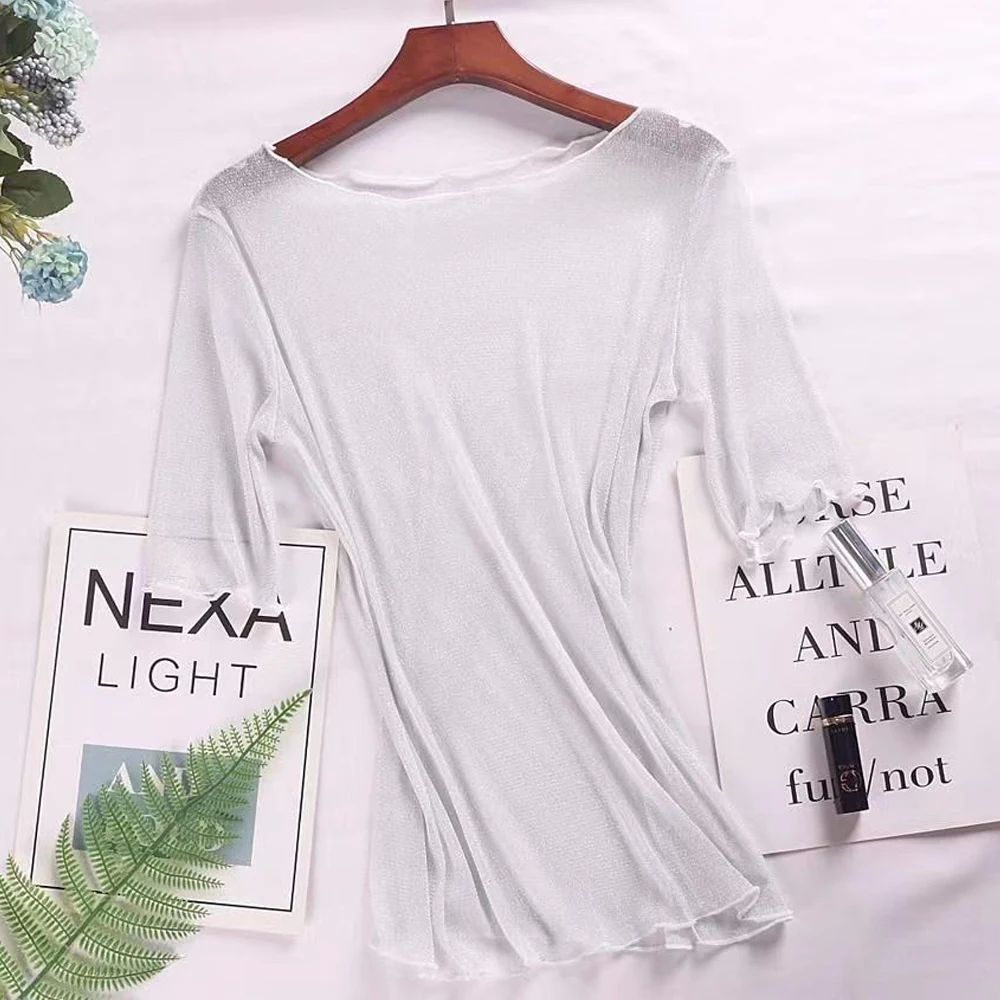 Spring Summer Short Sleeve T Shirt Women Silver Shiny Transp - 图0