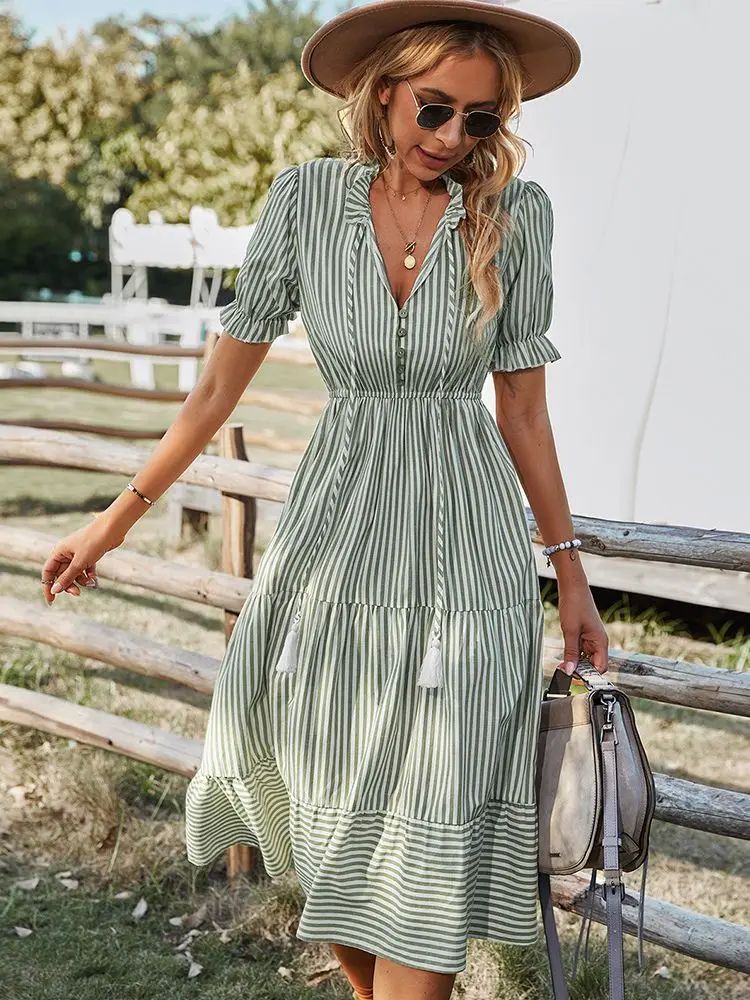 Women Elegant Striped Lantern Sleeve Summer Dress Causal V-n-图1