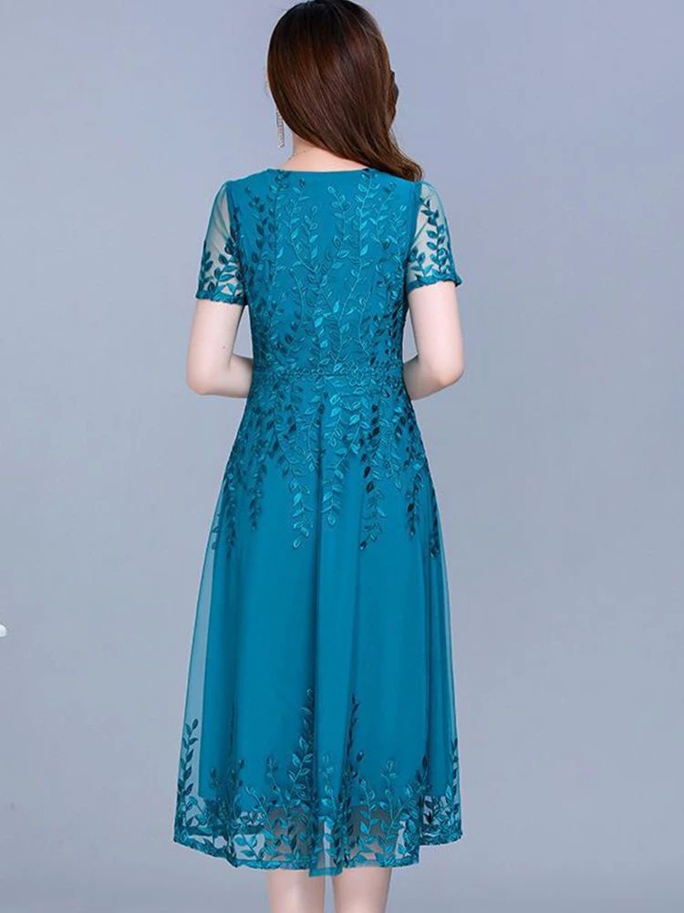 Blue Casual Chiffon Mesh Korean Long Dress Summer Women 2023 - 图0