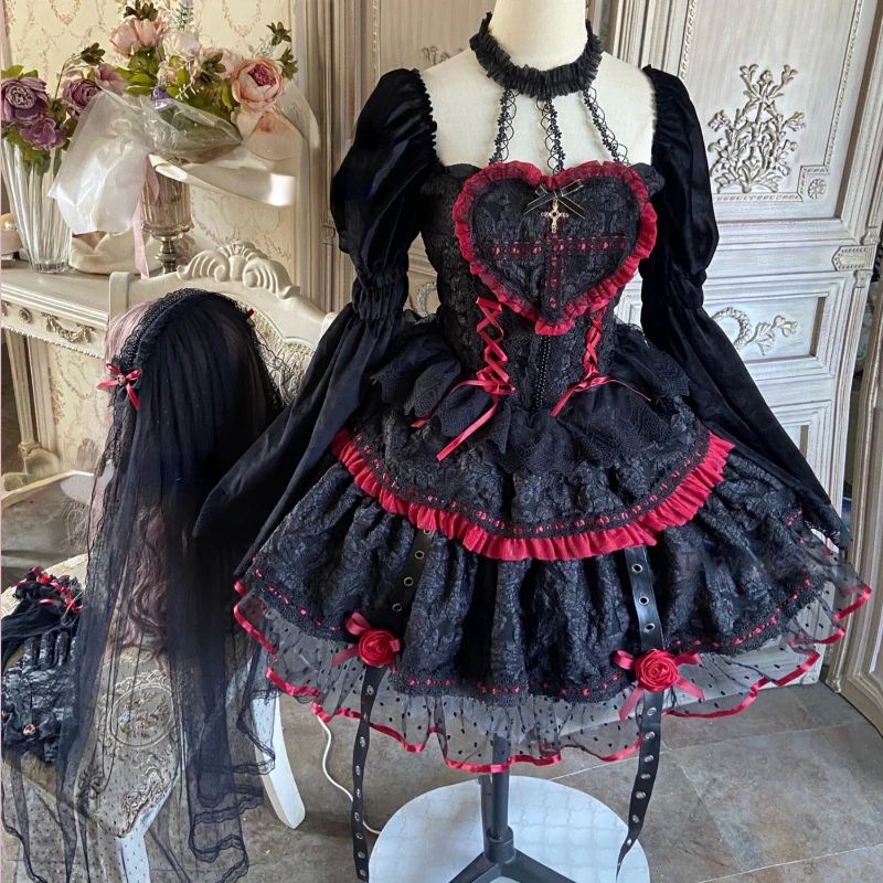 Dark Gothic Lolita Style Dresses Victorian Women Lace Halter-图1