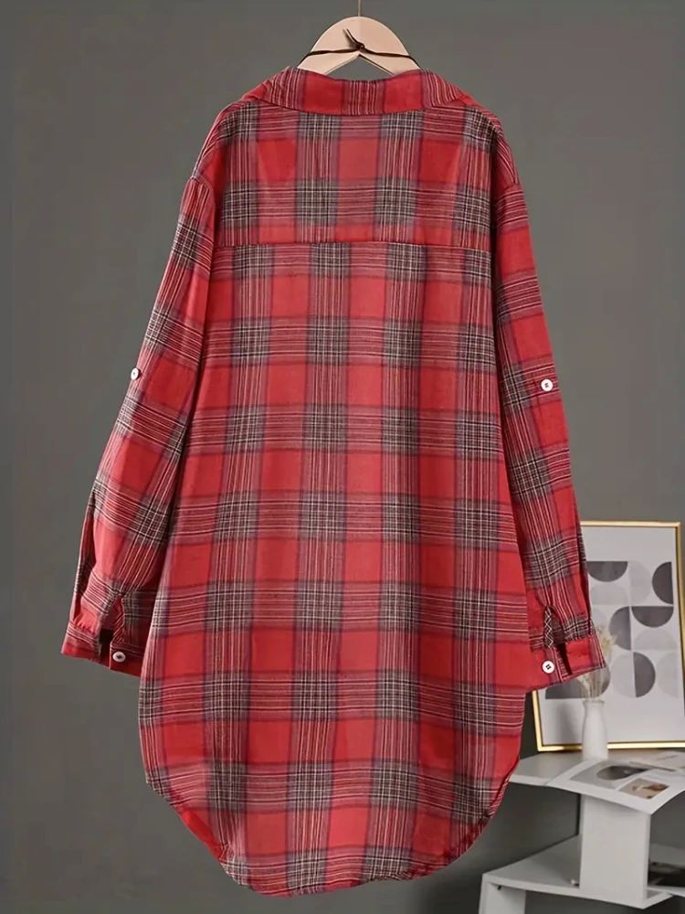 Plus Size Korean Style Plaid Blouses Medium Long Casual Styl - 图0