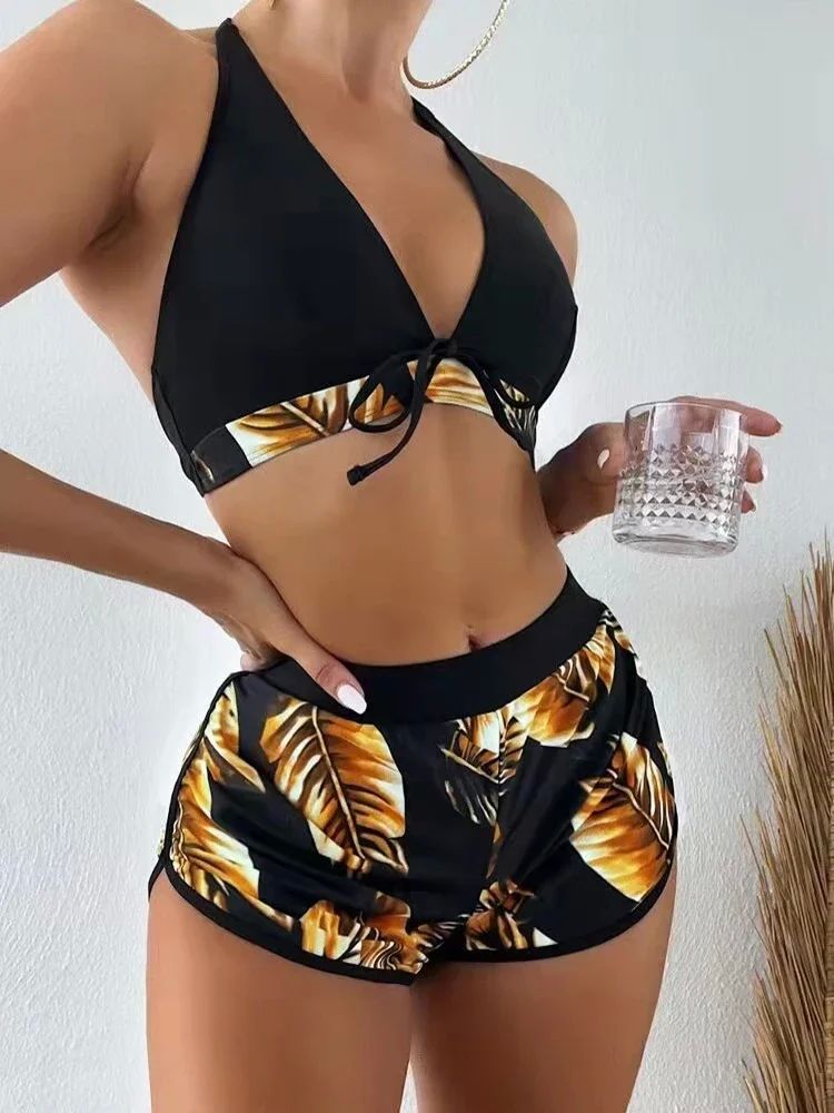 3 Pieces Bikinis Set Women Push-up Bandeau Low Waist Swimsui-图0