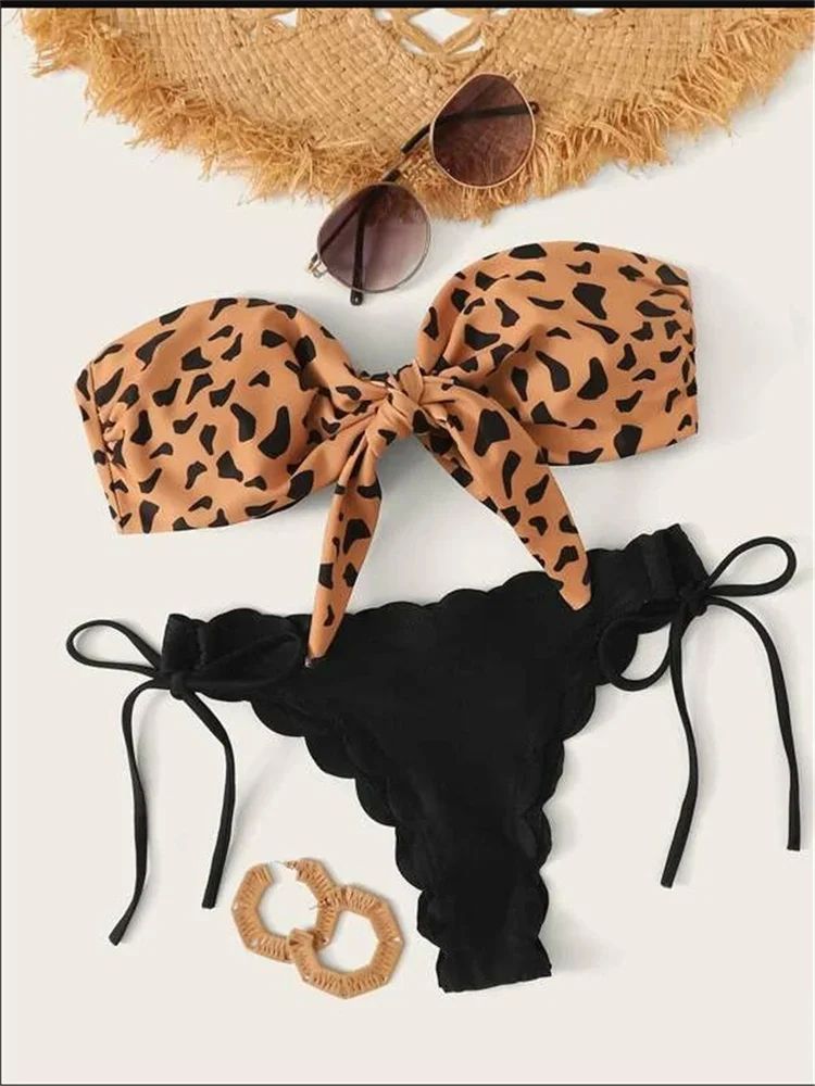 Beach Bikini 2024 Woman Sexy Front Lace Up Tie Bandeau Leopa-图0