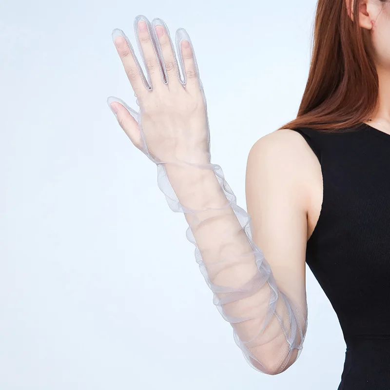 Fashion Long Sheer Tulle Gloves Transparent Thin Stretchy Fu - 图3