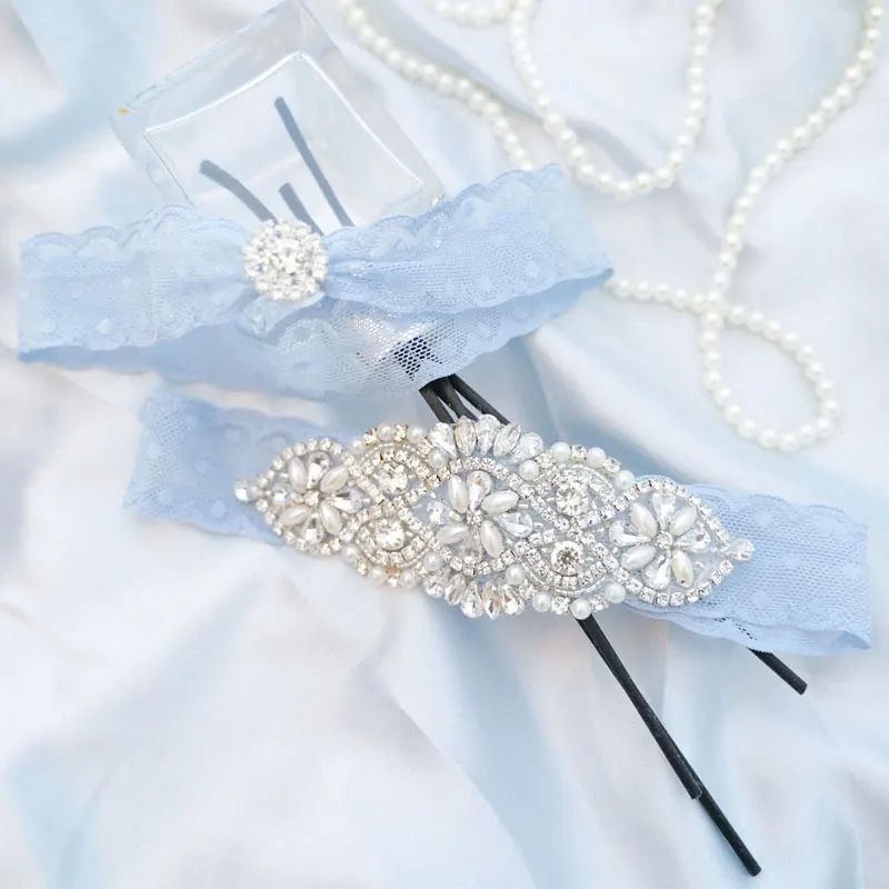 Sexy Bridal Wedding Garter Belt With Diamonds Light Blue Cry - 图3