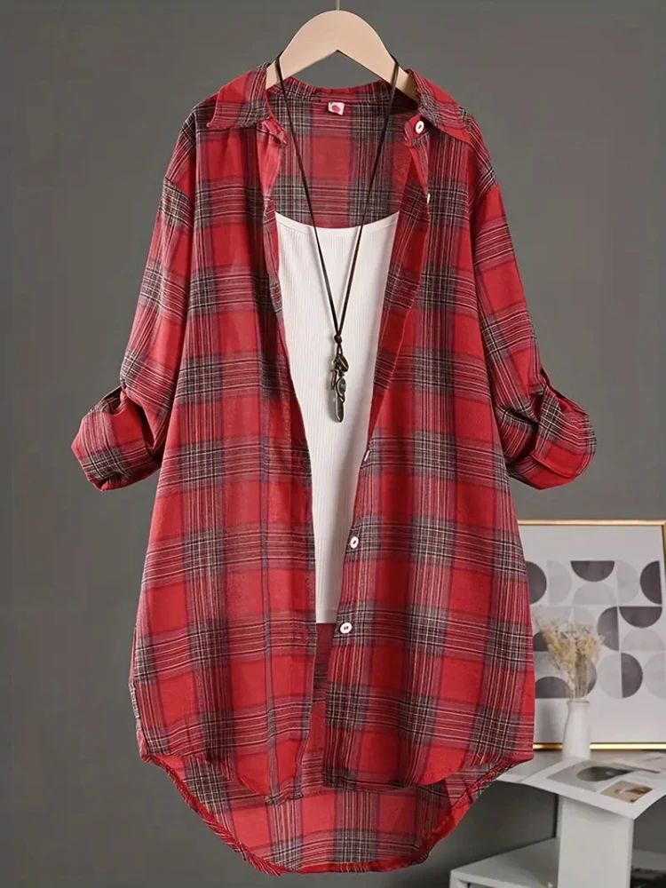 Plus Size Korean Style Plaid Blouses Medium Long Casual Styl - 图3