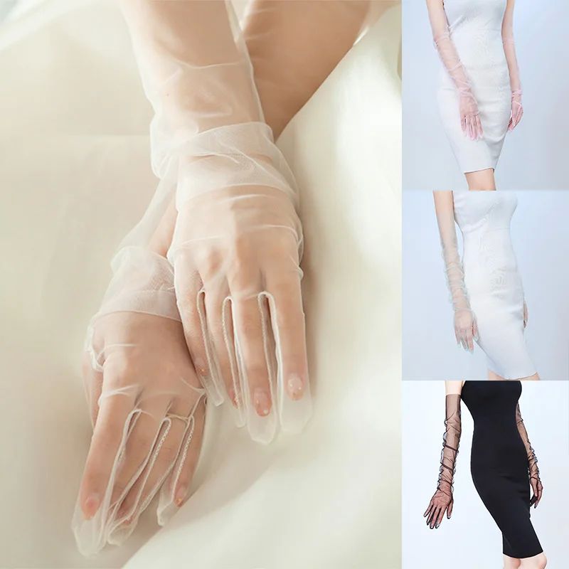 70cm Fashion Long Sheer Tulle Gloves Ultra Thin Stretchy Ful - 图0