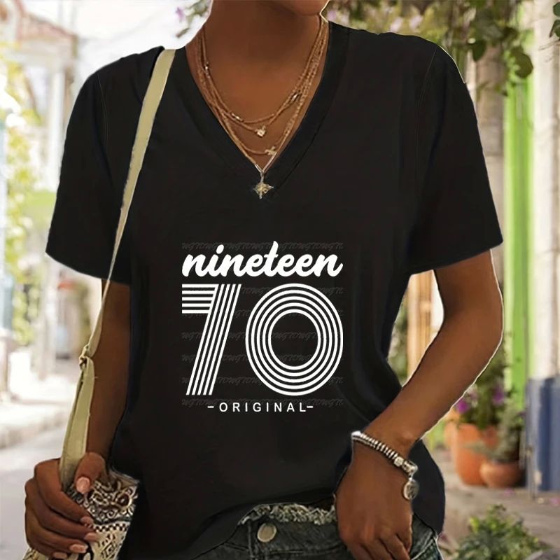 Women’s V-neck Shirts Graphic Tees Nineteen 74 Origal Shirt - 图0