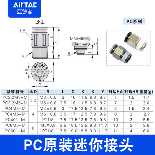 亚德客原装微型直通弯头PL/PC3.2/4/6-M3-M5-01-02-M迷你气管接头 - 图1