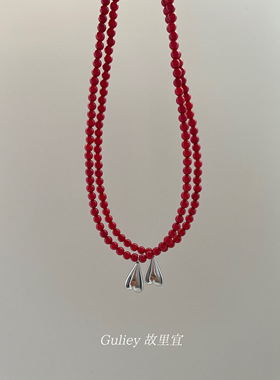 珊瑚红玛瑙爱心串珠项链小众设计