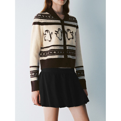 UR&DC2025冬季新款法式都市学院风趣味图案针织开衫女毛衣外套厚 - 图2