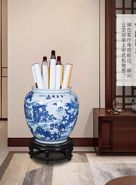 百子闹春高端书画卷轴缸景德镇陶瓷书房办公室字画收纳桶落地摆件