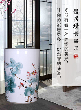 手绘荷花陶瓷箭筒字画家居客厅