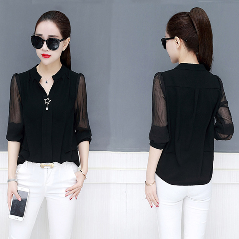 2020春秋新款遮肚子雪纺洋气小衫 秋思蝶蕾丝衫/雪纺衫