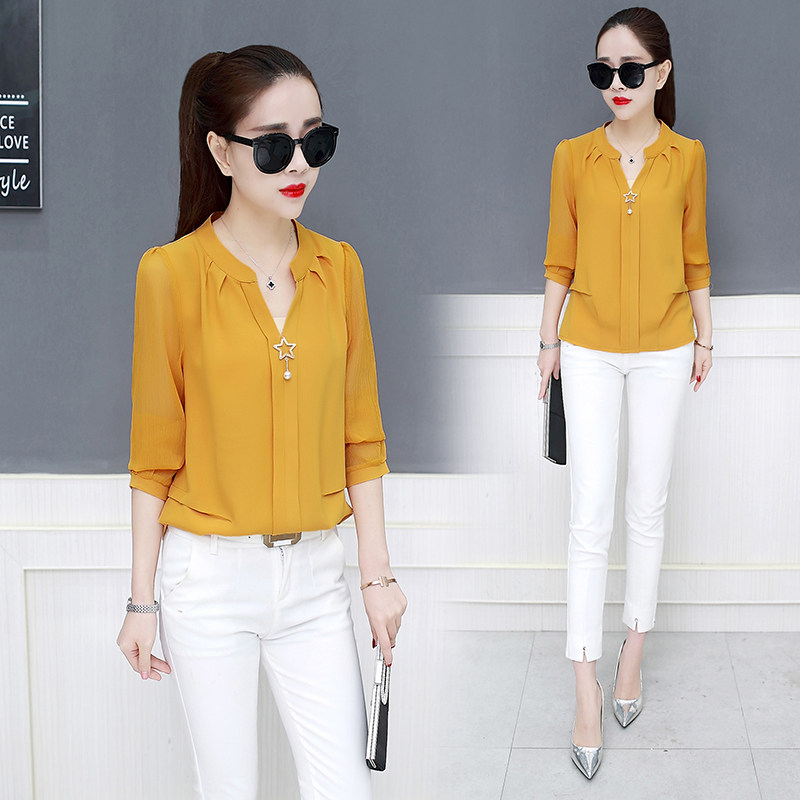 2020春秋新款遮肚子雪纺洋气小衫 秋思蝶蕾丝衫/雪纺衫