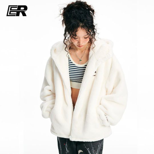 ER smiley imitation rabbit fur coat trendy couple loose plush thickened hood