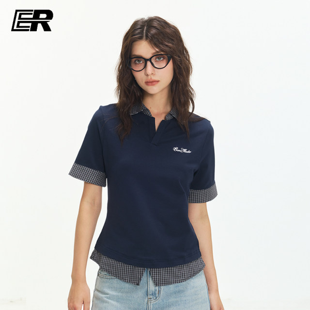 ER contrasting color stitching fake two-piece short-sleeved POLO shirt T-shirt